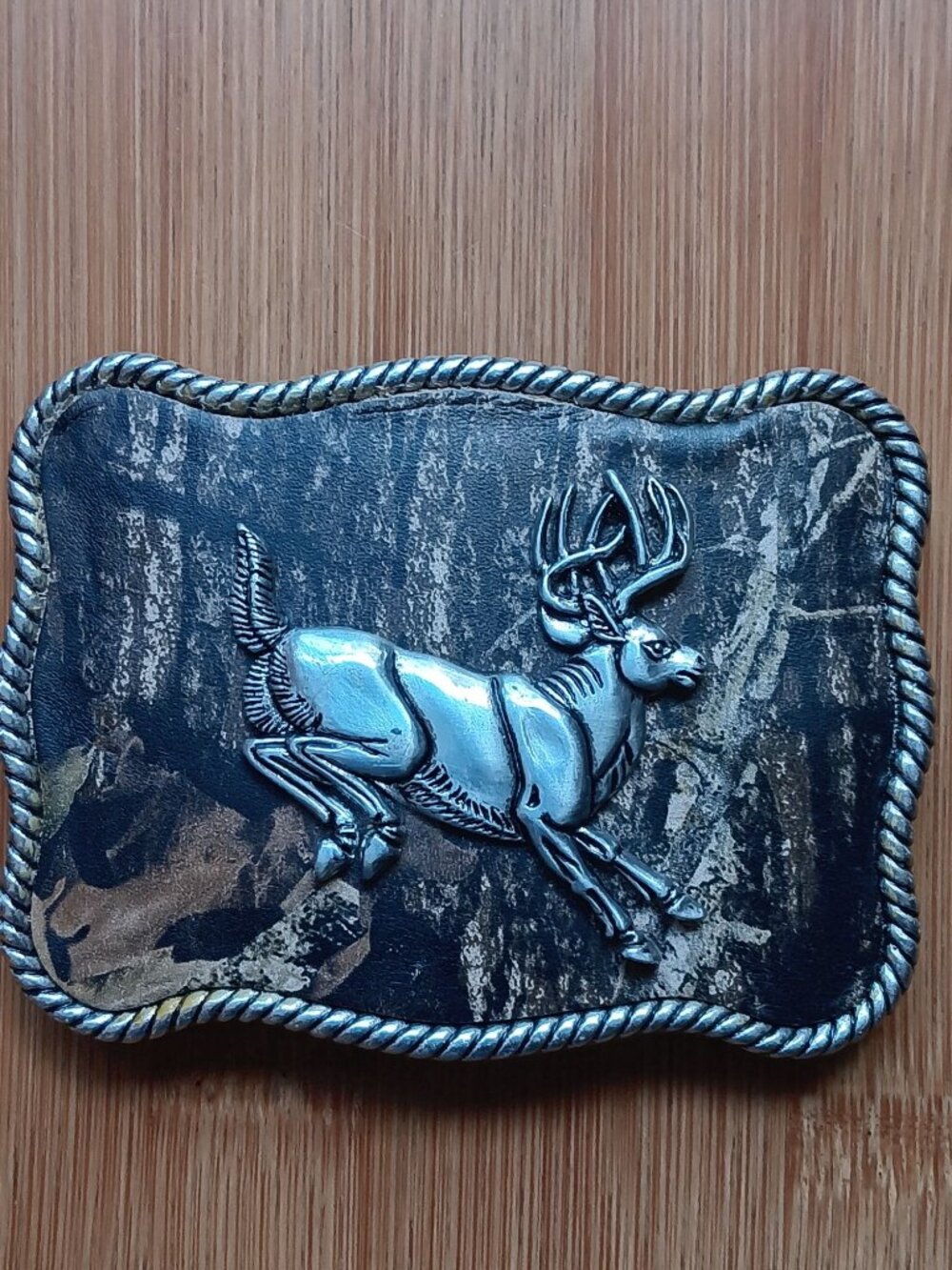 Nocona Mens Metal Whitetail Buck Belt Buckle Camouflage Background Rope Edge